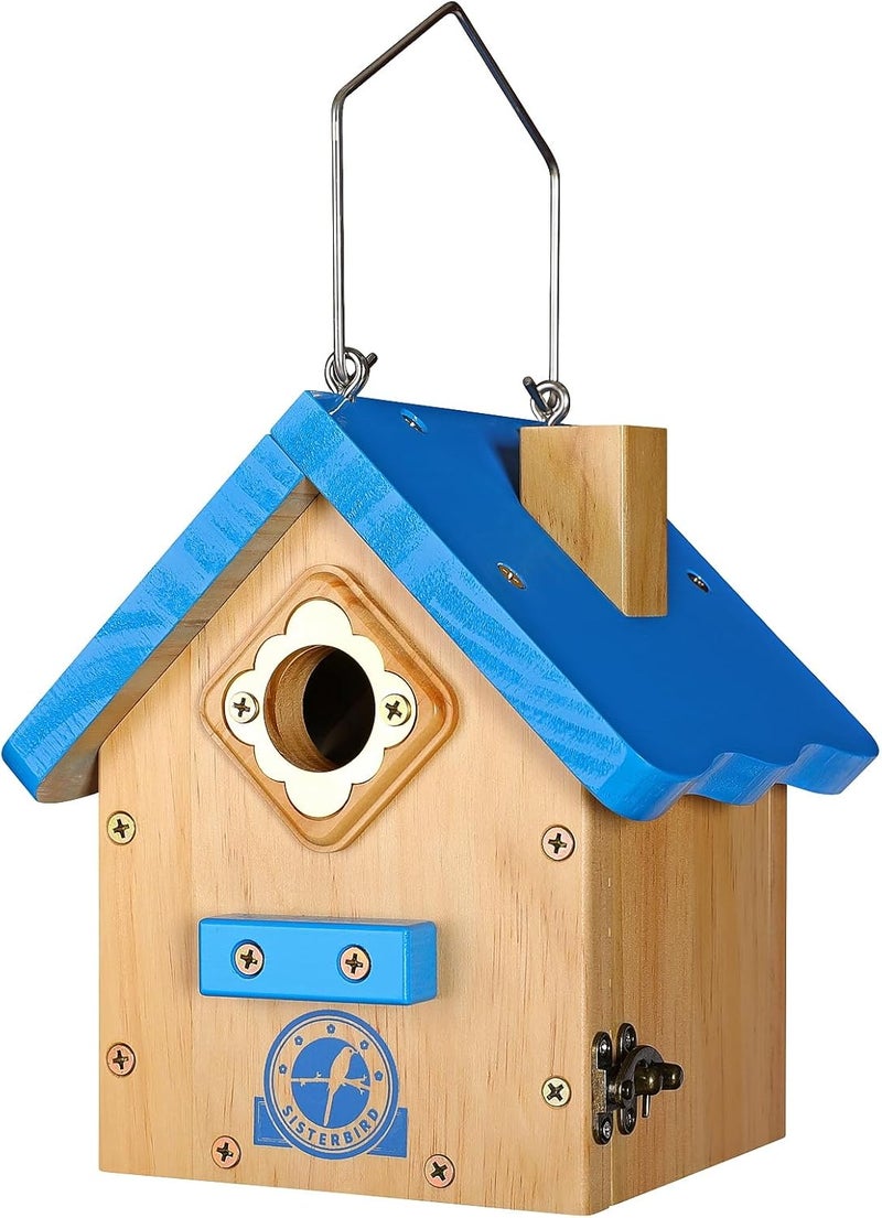 SISTERBIRD Wren Bird House for Outside, Premium Wooden Wren Bird Houses, Hanging Chickadee Bird House, Weatherproof Garden Decor Birdhouses for Outdoors, Blue Color Roof Bird Nesting Titmouse - Image 1